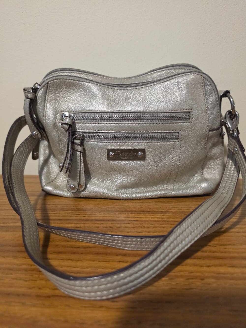 Tignanello Metallic Champagne Silver Leather Multi Pocket Crossbody Bag Organize
